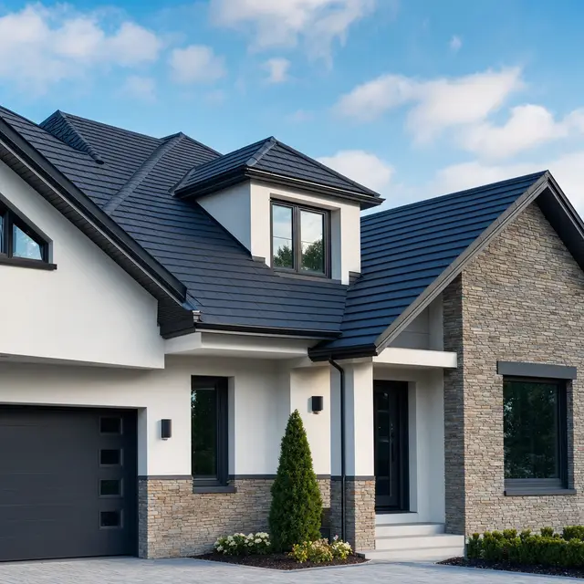 Modern home with a dark metal tile roof