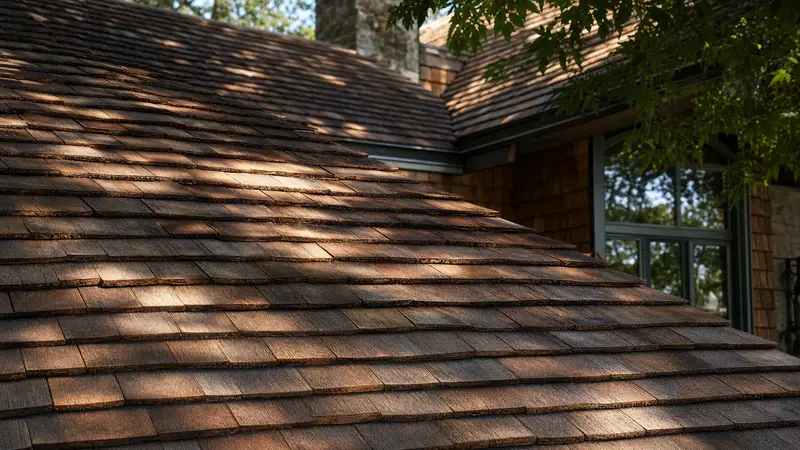 A cedar shake roof in weathered browns catching low sun, running up to a stone chimney beside a shingled gable and a green-framed window