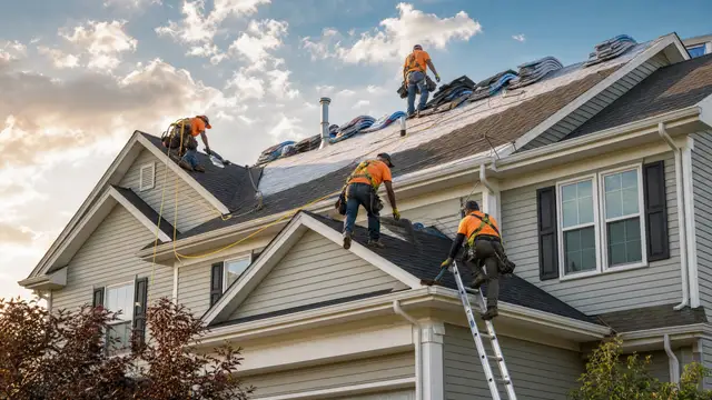 A crew in high-visibility vests working across a partly stripped roof, laying underlayment and moving bundles of shingles stacked along the ridge at sunset