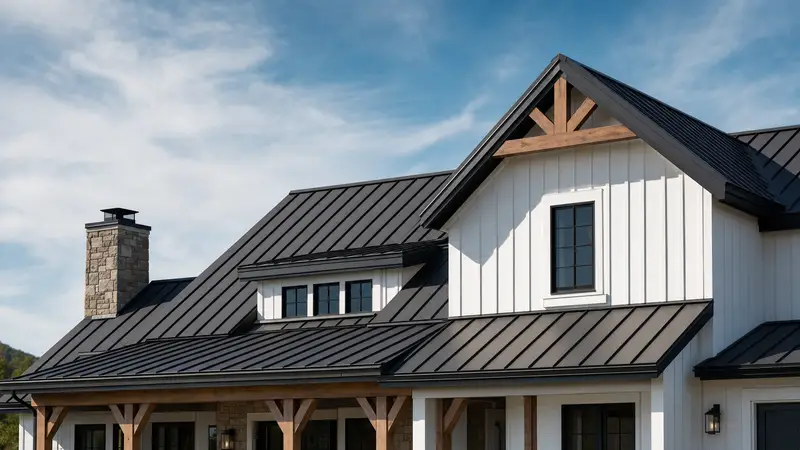 A dark standing-seam metal roof with tall vertical seams over a white board-and-batten farmhouse, with a stone chimney and exposed timber porch brackets beneath a blue sky
