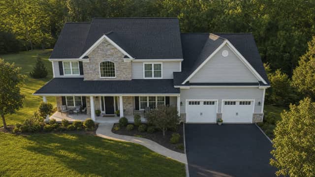 Newly installed architectural shingle roof on a two-story suburban home