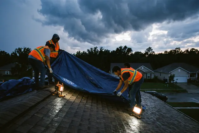 Three roofers in high-visibility vests dragging a blue tarp across a shingle roof at dusk, lit by two portable work lamps under heavy storm cloud