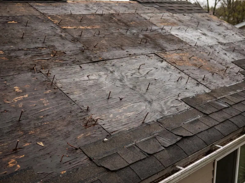 Storm-stripped roof decking: bare wet plywood, bent nails and a torn line of asphalt shingles at the eave